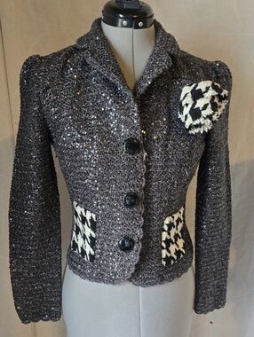 Dolce & Gabbana Charcoal Sequin Tweed Cropped Blazer with Houndstooth Accents